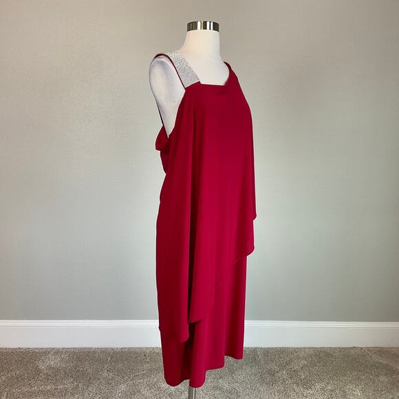 Red Beaded One Shoulder Shift Cocktail Dress Size 14W R&M Richards Draped Mini - Picture 2 of 12